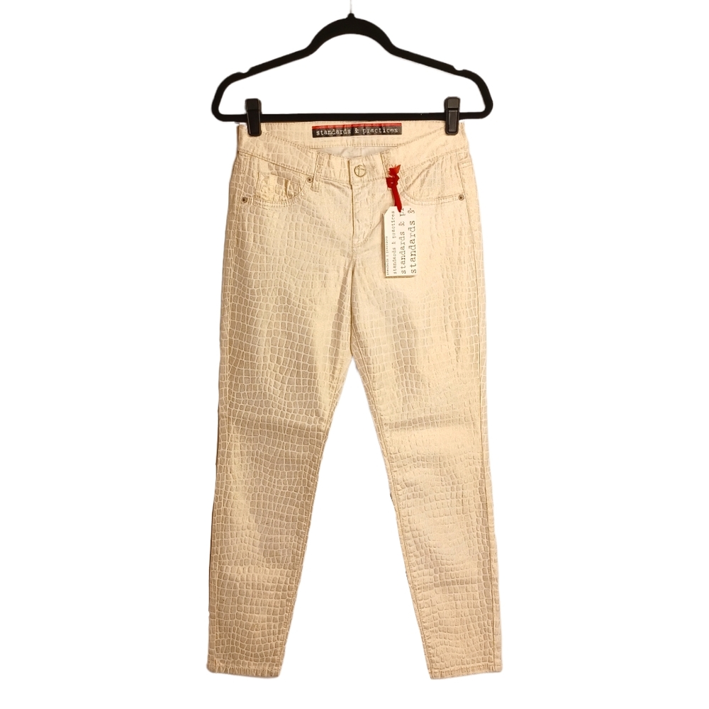 STANDARDS & PRACTICES Gold Shimmer Reptile Print Skinny Cream Jeans 26 NWT